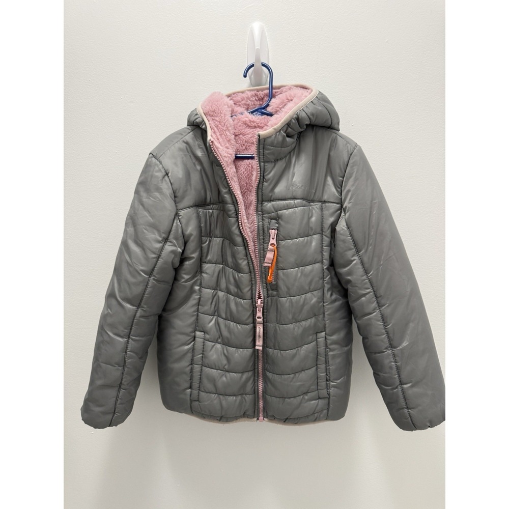 Eddie Bauer Girls Puffer Jacket Gray Pink Fleece Reversible Hood Coat S 7/8
